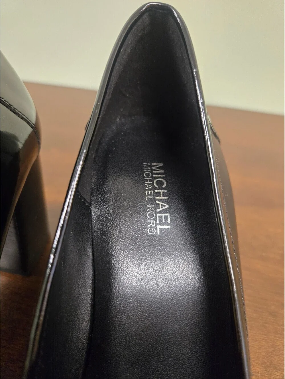 Michael Michael Kors black patent block heel loafers
